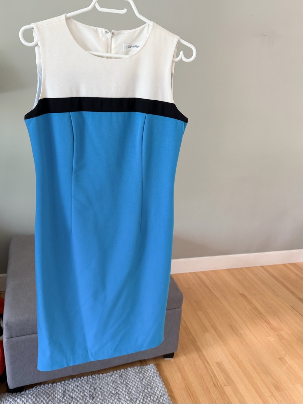 Calvin Klein White, Black & Blue Colorblock Midi Sheath Dress